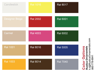Coffee or Tea Welcome Sign by Rustica Ornamentals shown as a 15 color swatch grid of RAL codes on Tampa Home & Garden Store