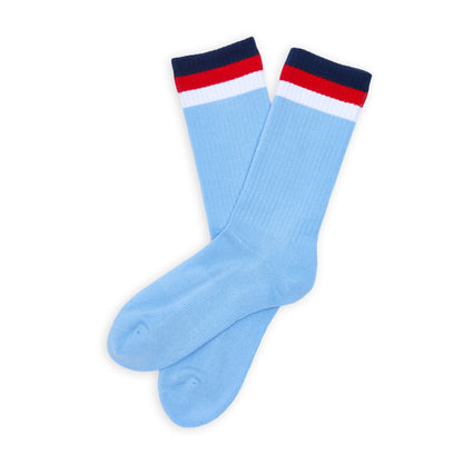 3 Stripe Casual Crew Socks 2-Pack DeadSoxy light blue socks with navy red white cuff stripes on Tampa Home & Garden Store