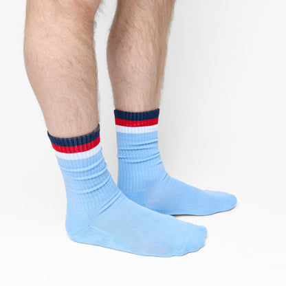3 Stripe Casual Crew Socks 2-Pack DeadSoxy light blue socks with red white navy cuff stripes on Tampa Home & Garden Store