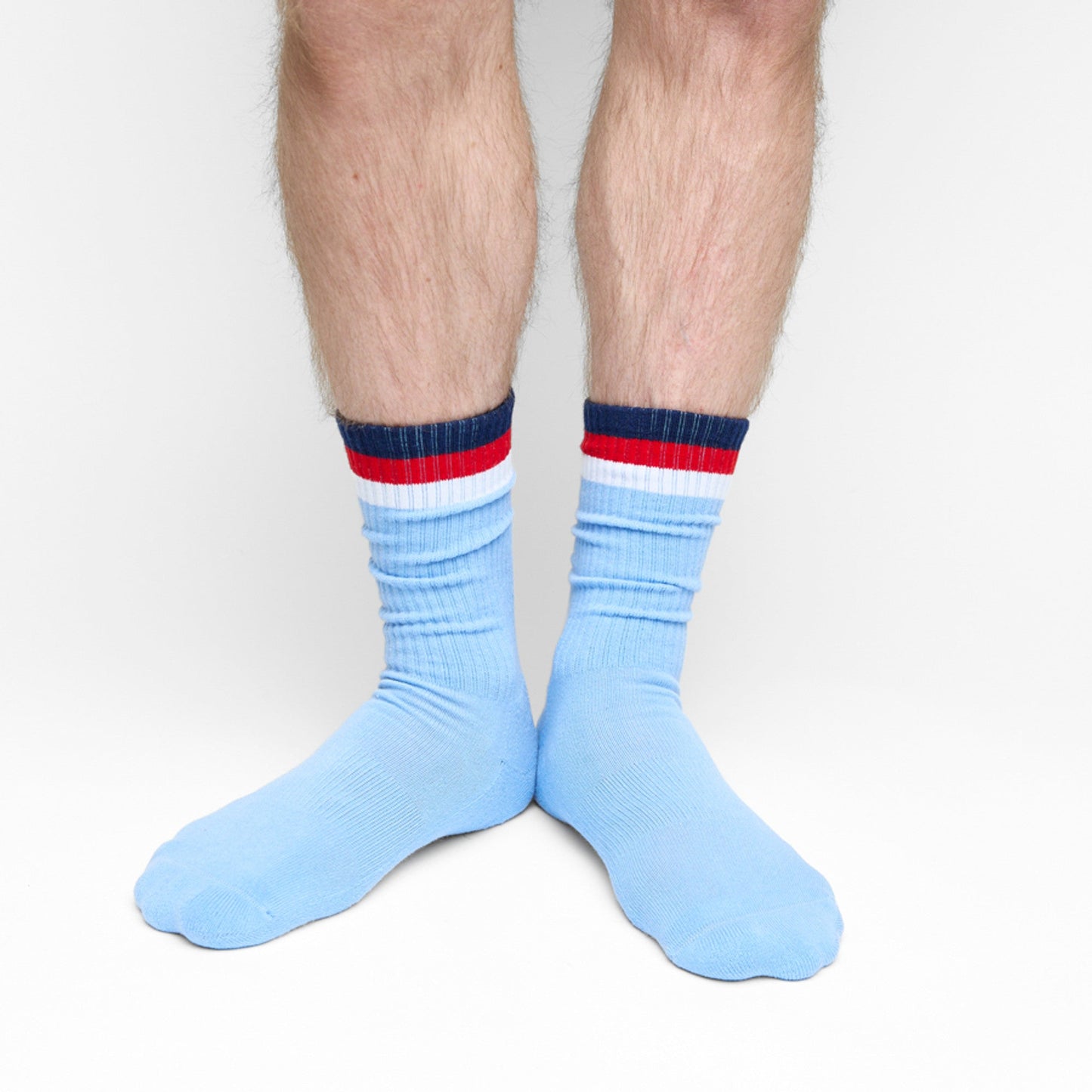 3 Stripe Casual Crew Socks 2-Pack DeadSoxy light blue socks with navy red striped cuffs on Tampa Home & Garden Store