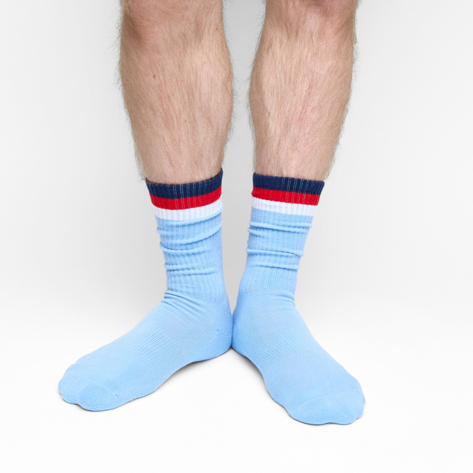 3 Stripe Casual Crew Socks 2-Pack DeadSoxy light blue socks with navy red striped cuffs on Tampa Home & Garden Store