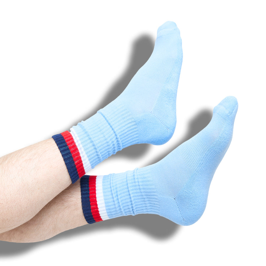 Powder 3 Stripe Crew Socks by DeadSoxy, light blue with red white navy striped cuffs, socks on Tampa Home & Garden Store