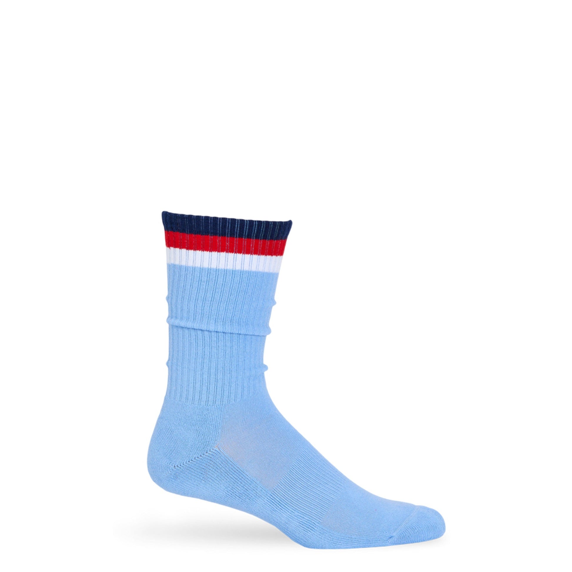 3 Stripe Casual Crew Socks 2-Pack by DeadSoxy, blue gradient knit with navy red white cuff on Tampa Home & Garden Store
