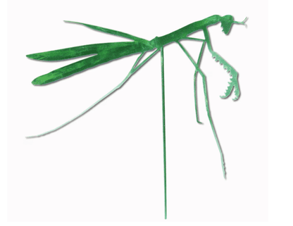 Praying Mantis garden stake green metal sculpture by Rustica Ornamentals on Tampa Home & Garden Store