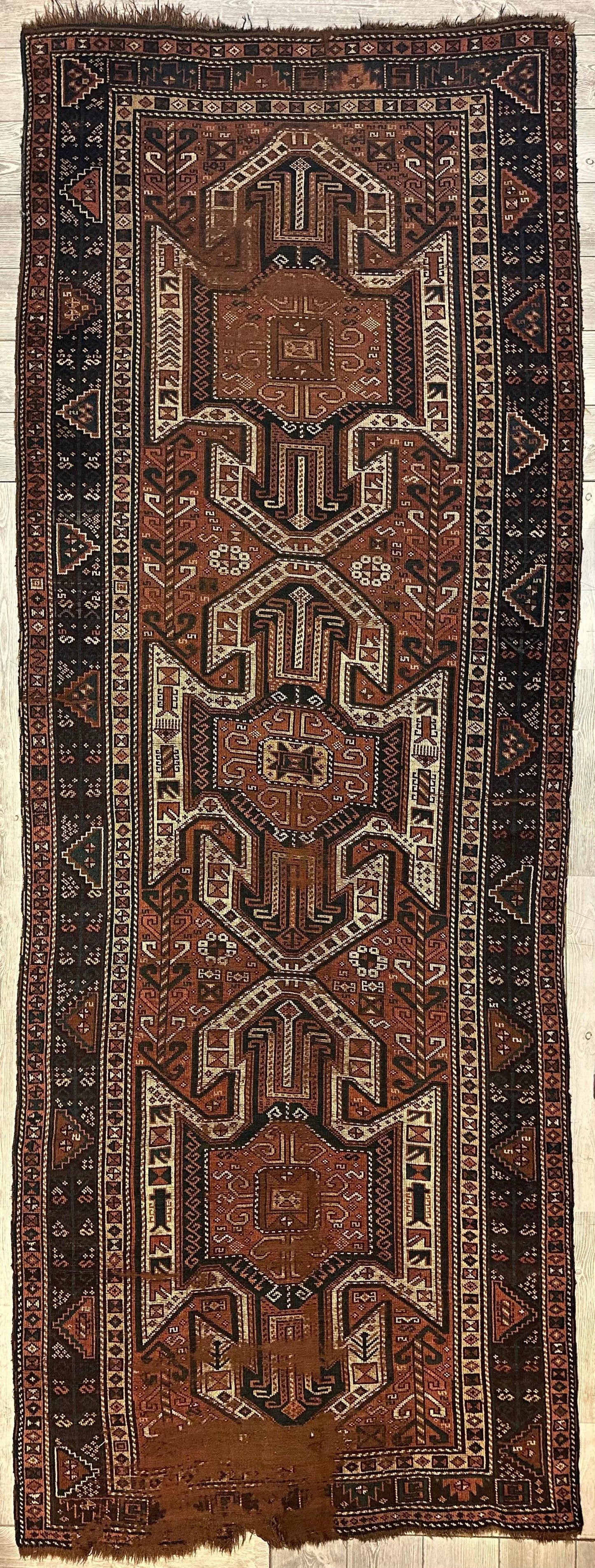 Pre-1900 Triple Shield Sewan Kazak Rug, 4’4”x11’7” - Tampa Home & Garden Store
