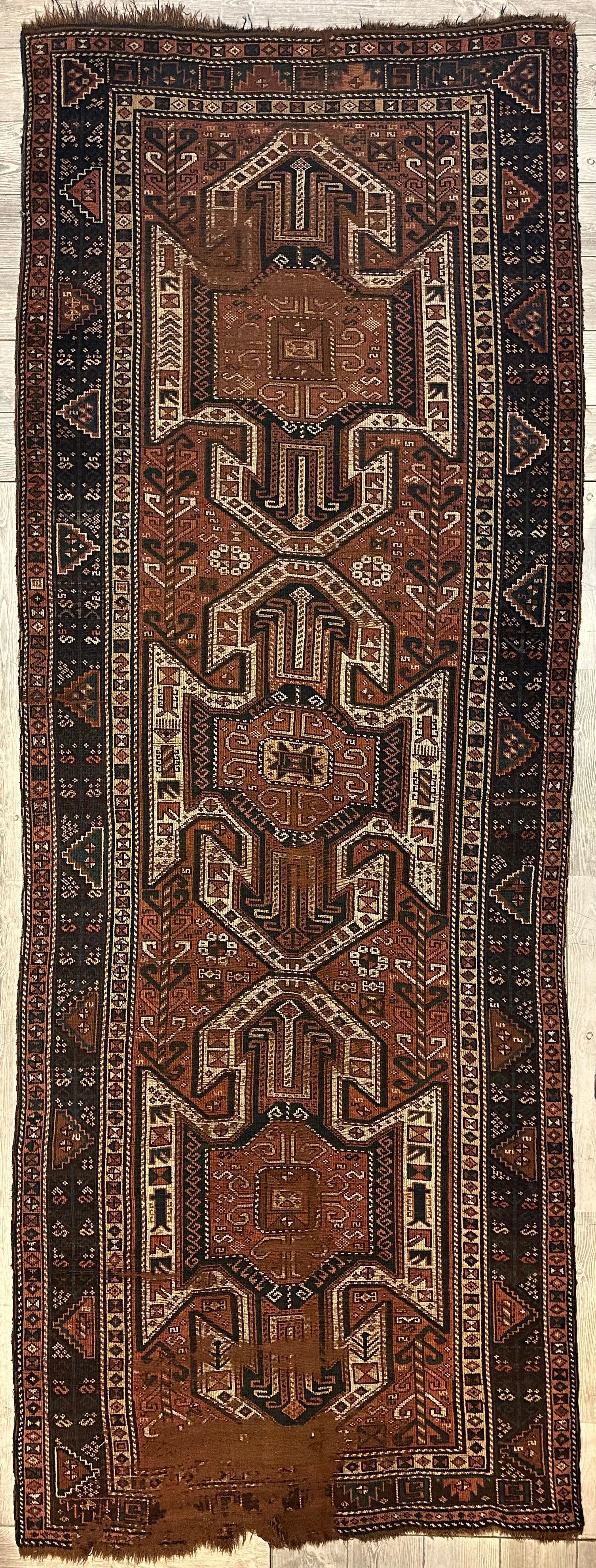 Pre-1900 Triple Shield Sewan Kazak Rug, 4’4”x11’7” - Tampa Home & Garden Store