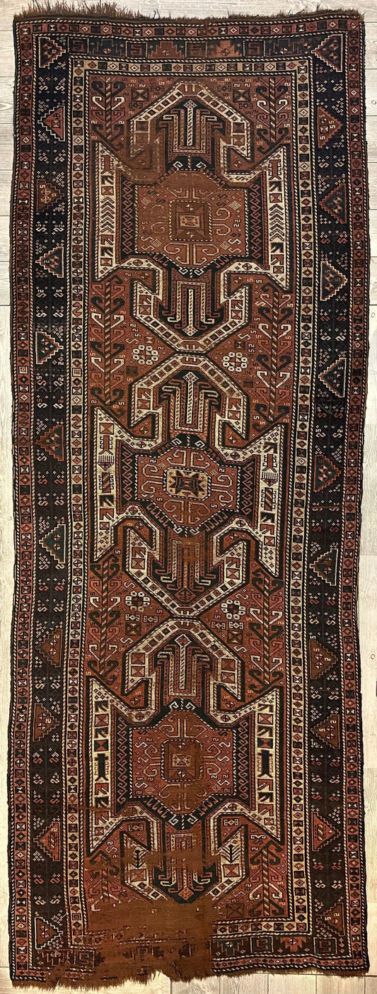 Pre-1900 Triple Shield Sewan Kazak Rug, 4’4”x11’7” - Tampa Home & Garden Store