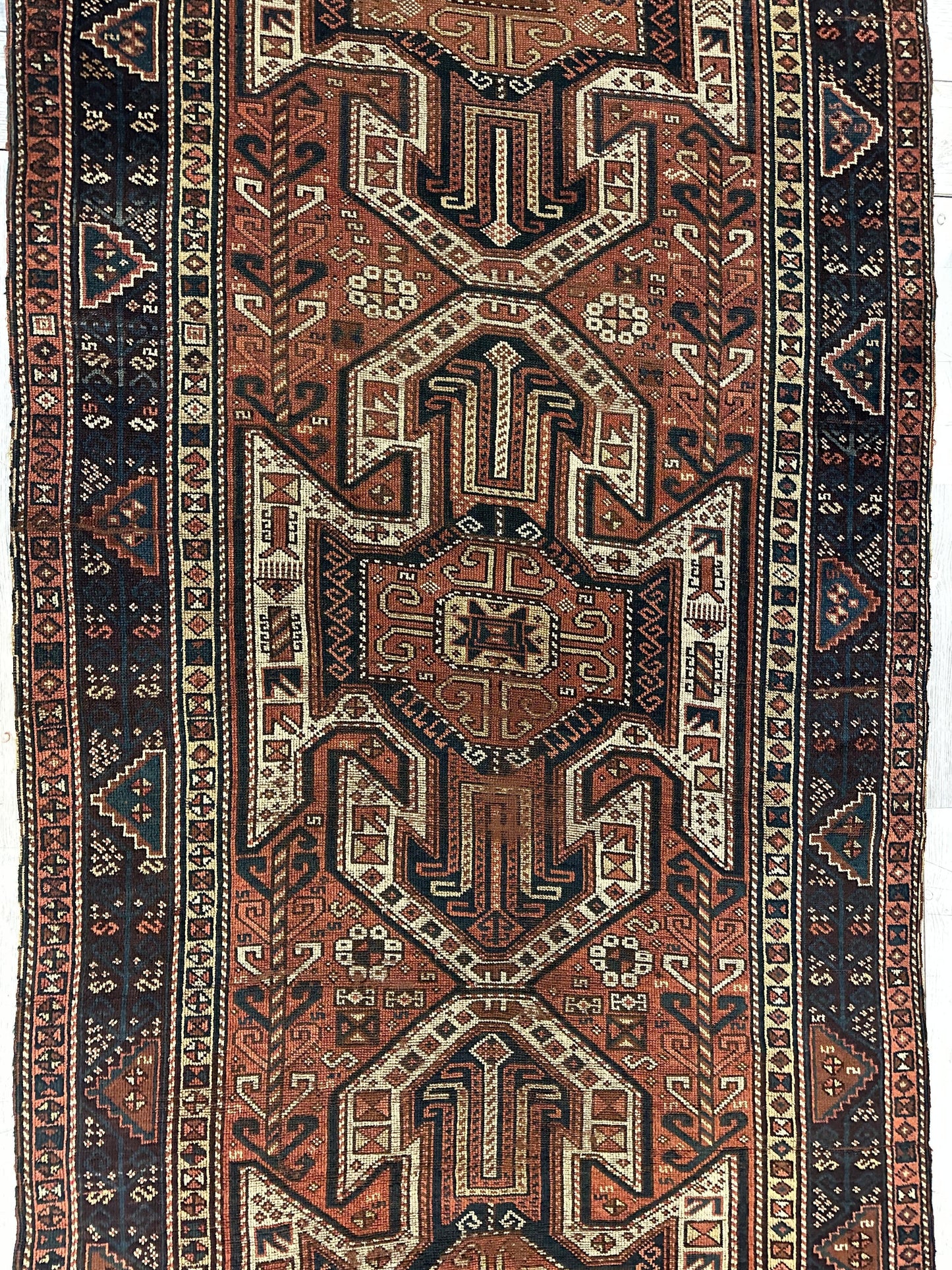 Pre-1900 Triple Shield Sewan Kazak Rug, 4’4”x11’7” - Tampa Home & Garden Store