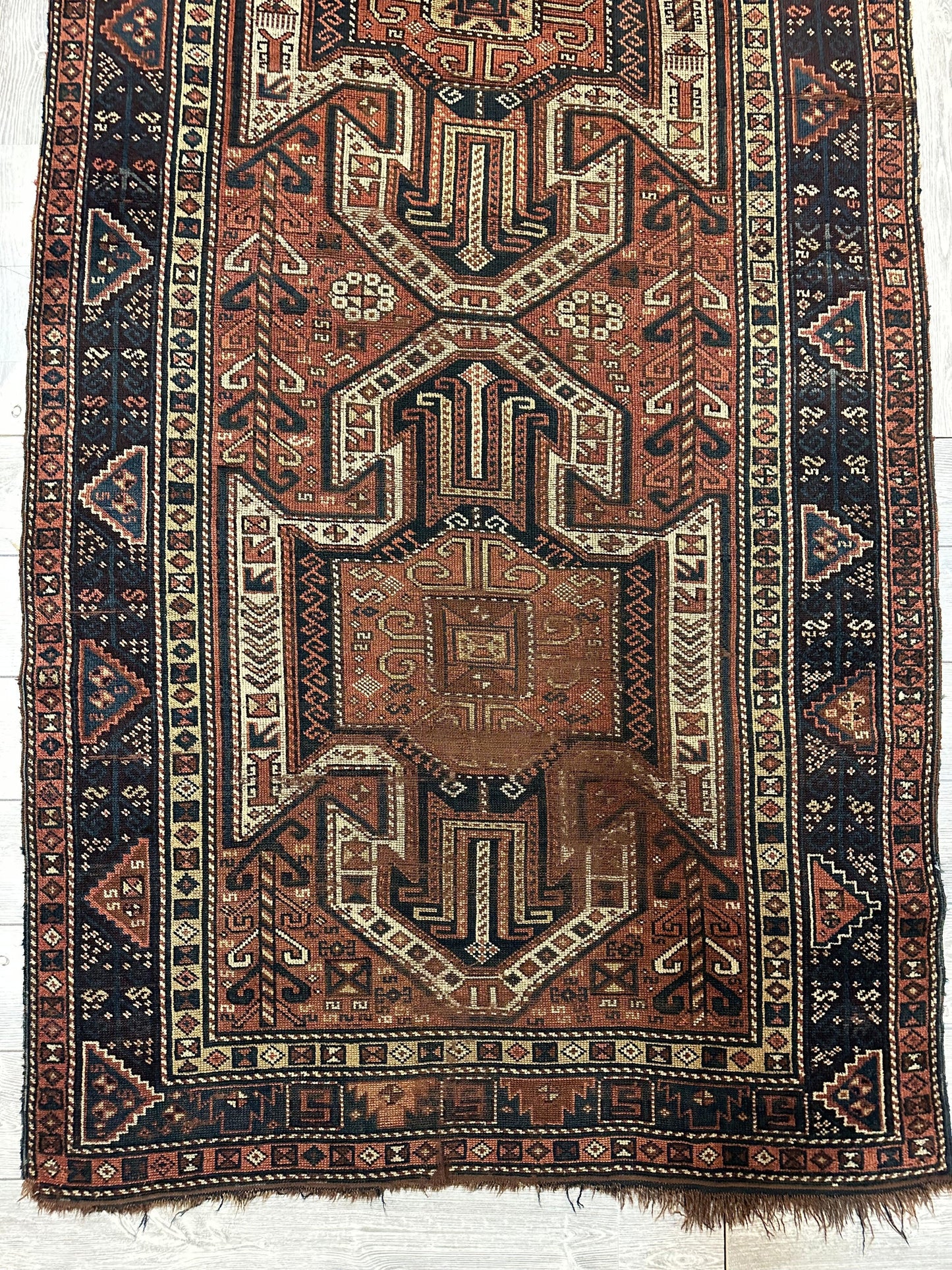 Pre-1900 Triple Shield Sewan Kazak Rug, 4’4”x11’7” - Tampa Home & Garden Store