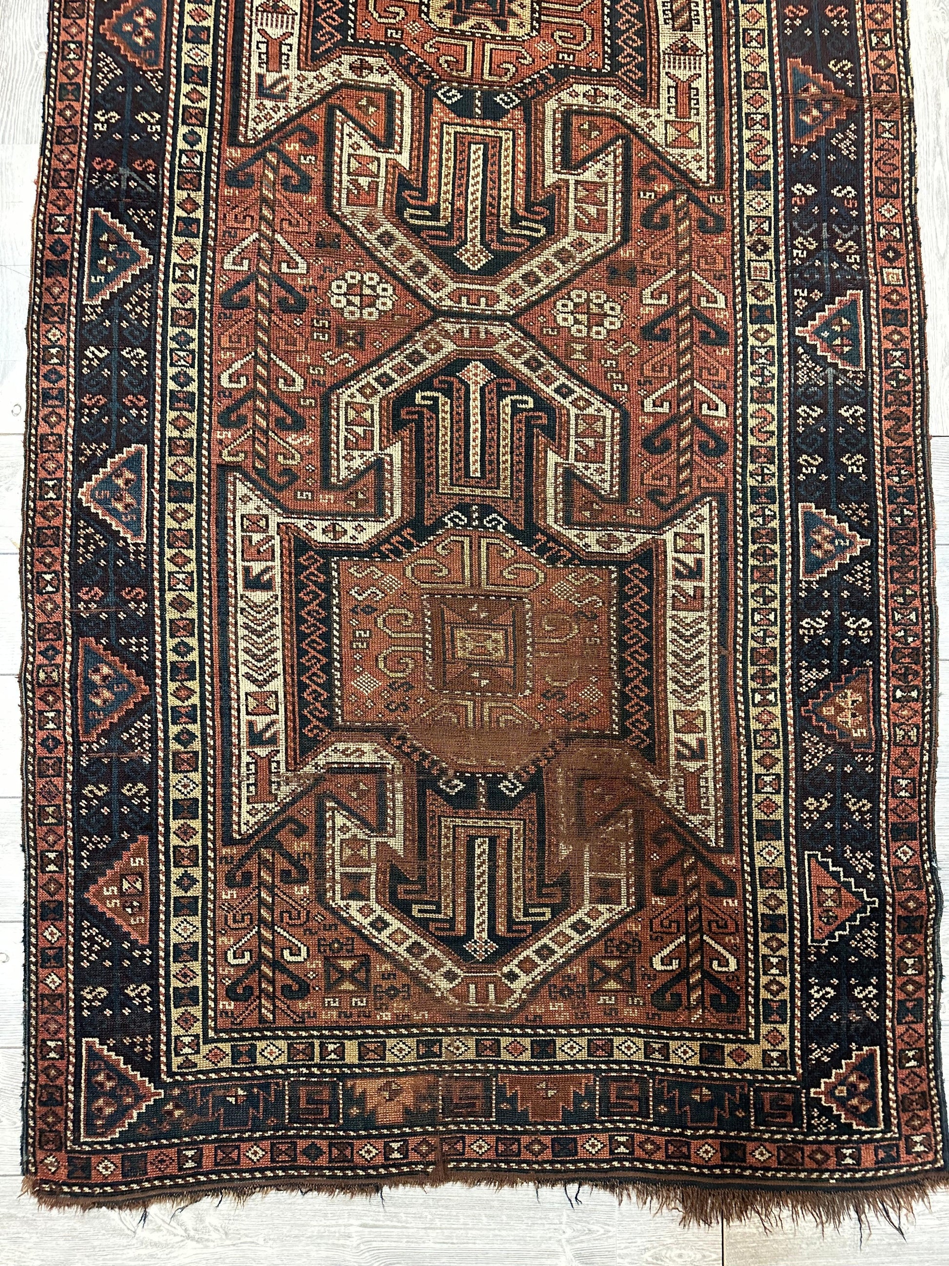 Pre-1900 Triple Shield Sewan Kazak Rug, 4’4”x11’7” - Tampa Home & Garden Store
