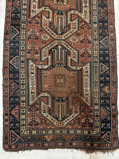 Pre-1900 Triple Shield Sewan Kazak Rug, 4’4”x11’7” - Tampa Home & Garden Store