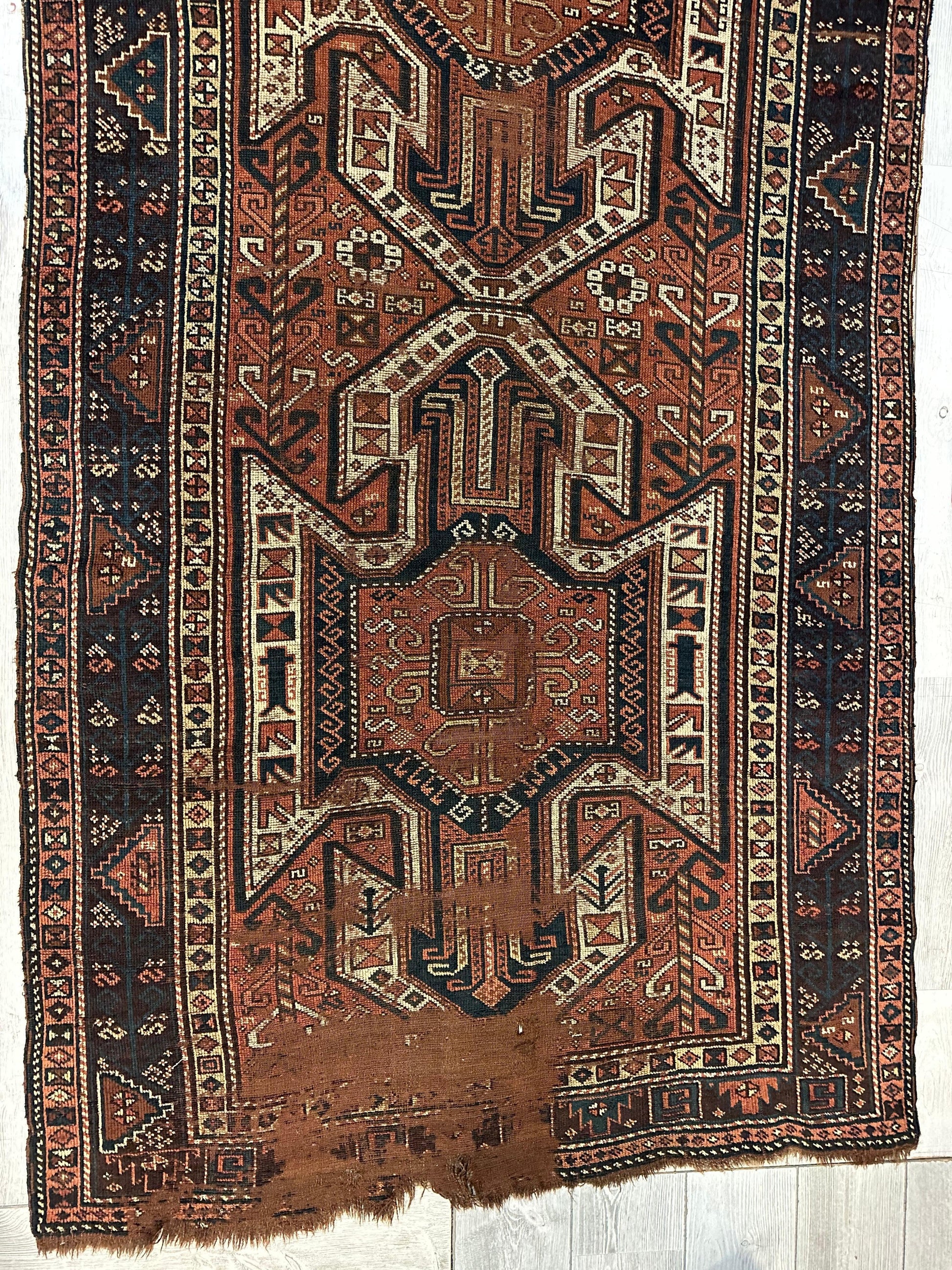 Pre-1900 Triple Shield Sewan Kazak Rug, 4’4”x11’7” - Tampa Home & Garden Store