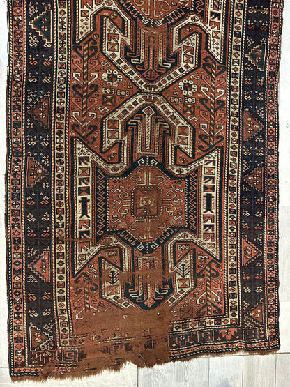 Pre-1900 Triple Shield Sewan Kazak Rug, 4’4”x11’7” - Tampa Home & Garden Store