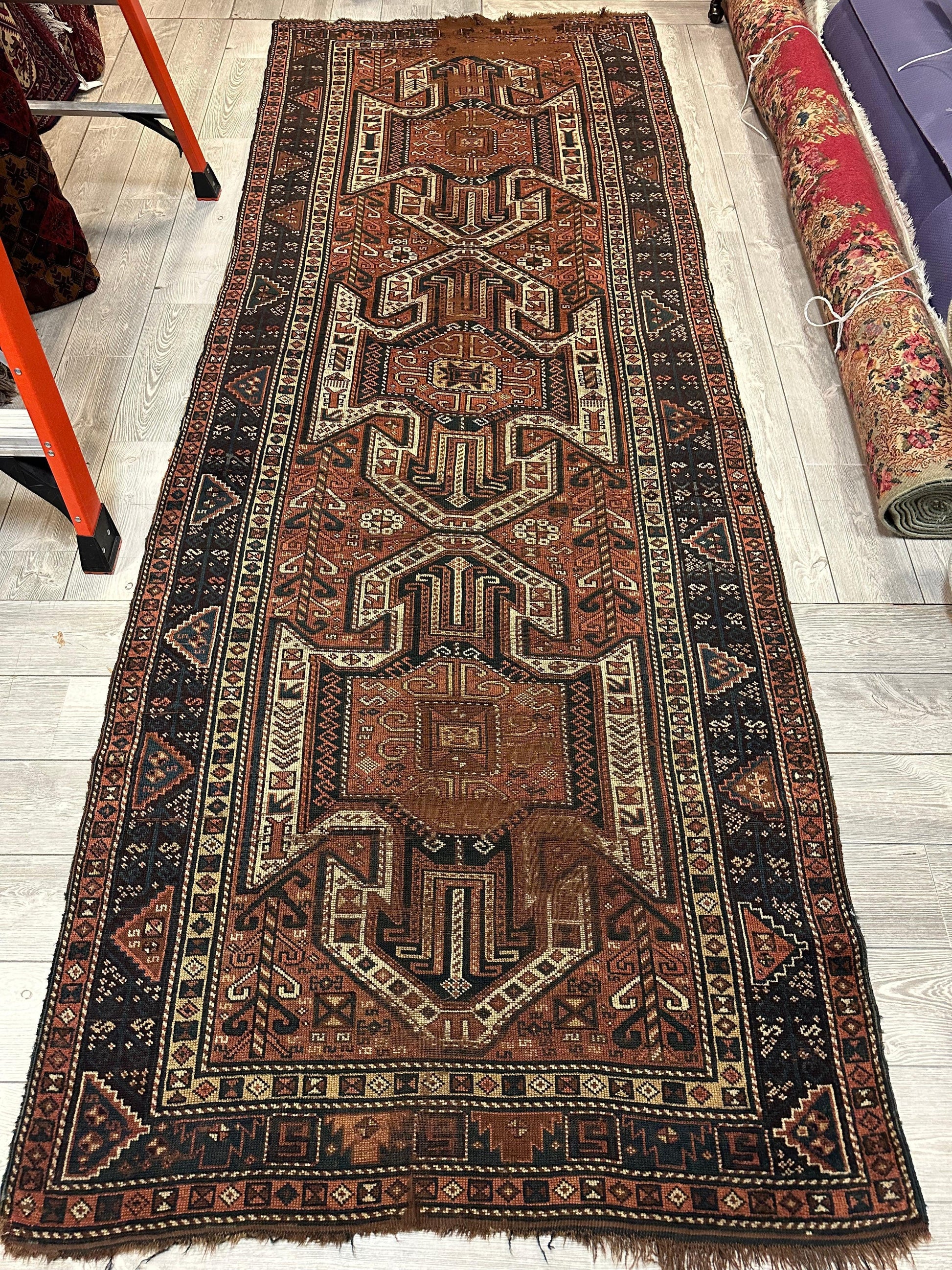 Pre-1900 Triple Shield Sewan Kazak Rug, 4’4”x11’7” - Tampa Home & Garden Store