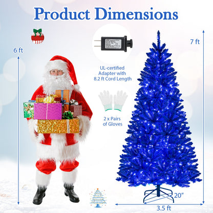 Pre-Lit Artificial Christmas Tree with 340 Blue LED Lights and 3 Modes-7 ft