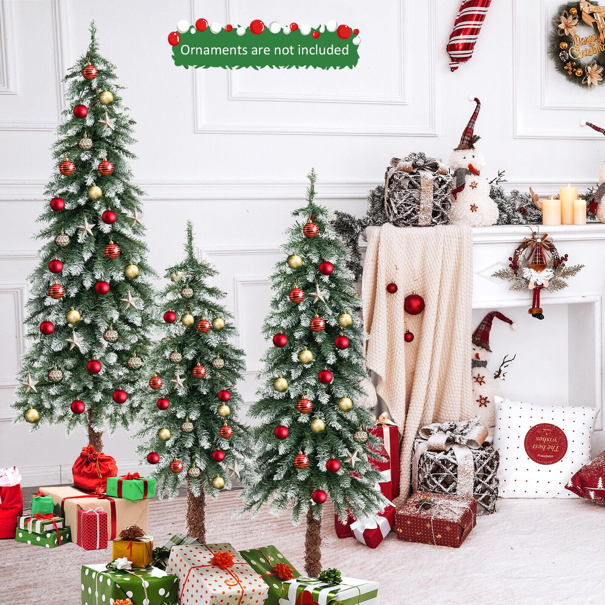 DirectDeals Pre-Lit 3-Set Slim Snowy Artificial Trees with Red, Gold Ornaments on Tampa Home & Garden Store