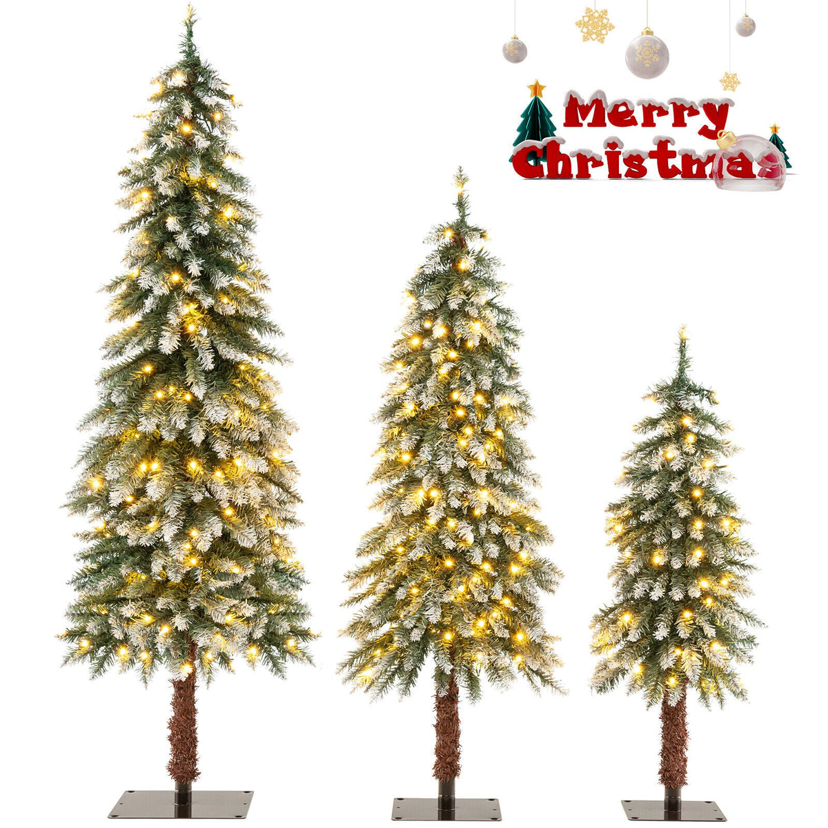 Pre-Lit set of 3 slim Christmas trees by DirectDeals, snowy branches with warm lights on Tampa Home & Garden Store