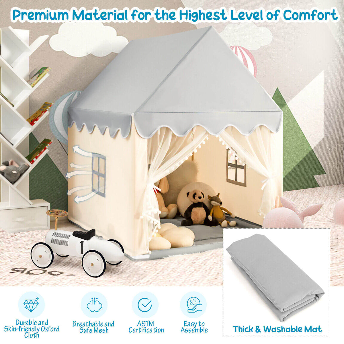 Kids Large Play Castle Fairy Tent with Mat by GemGear, gray canopy and sheer curtains on Tampa Home & Garden Store