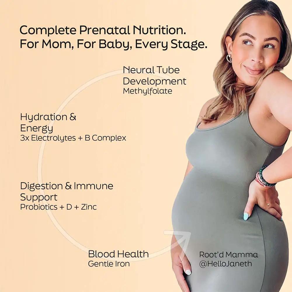 Root'd Essential Prenatal Nutrition + Electrolytes prenatal vitamins; pregnant mom on Tampa Home & Garden Store