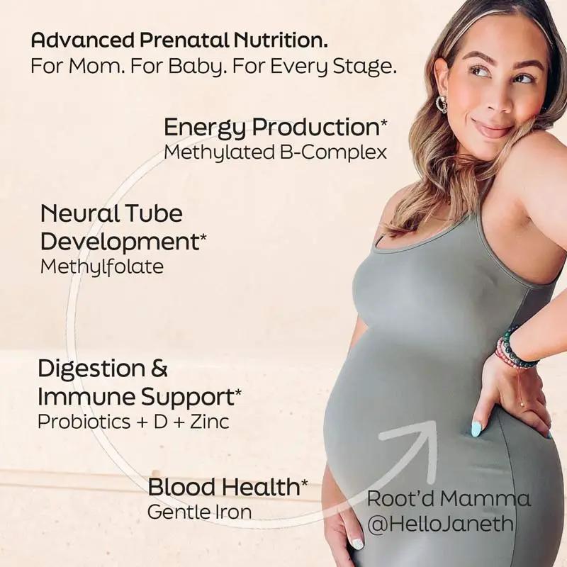 Essential Prenatal Nutrition + Electrolytes by Root'd, pregnant woman in gray maternity wear on Tampa Home & Garden Store