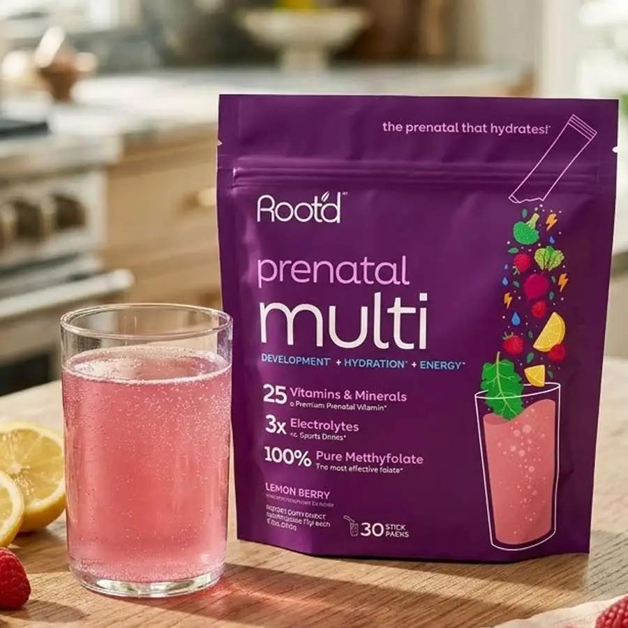 Root'd prenatal multivitamin with electrolytes in purple pouch, 30 stick packs on Tampa Home & Garden Store