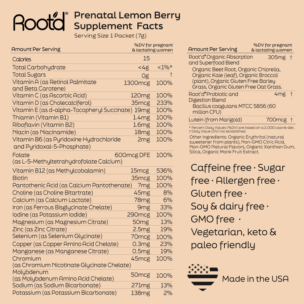 Root'd Growing Together Bundle multivitamin label Prenatal Lemon Berry facts on beige background on Tampa Home & Garden Store