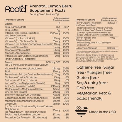 Root'd Growing Together Bundle multivitamin label Prenatal Lemon Berry facts on beige background on Tampa Home & Garden Store