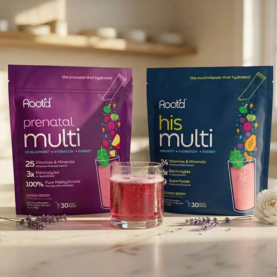 Multivitamin bundle: Root'd prenatal multi (purple) and his multi (blue) - two packs - on Tampa Home & Garden Store