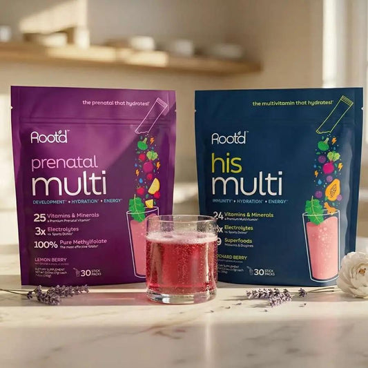 Multivitamin bundle: Root'd prenatal multi (purple) and his multi (blue) - two packs - on Tampa Home & Garden Store