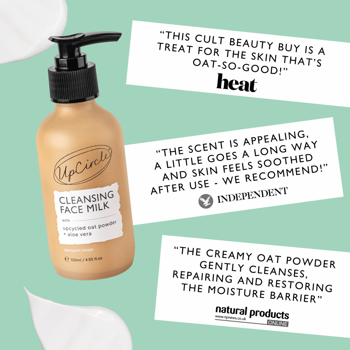 UpCircle Cleansing Face Milk bottle with pump in beige, oat powder + aloe vera facial cleanser on Tampa Home & Garden Store