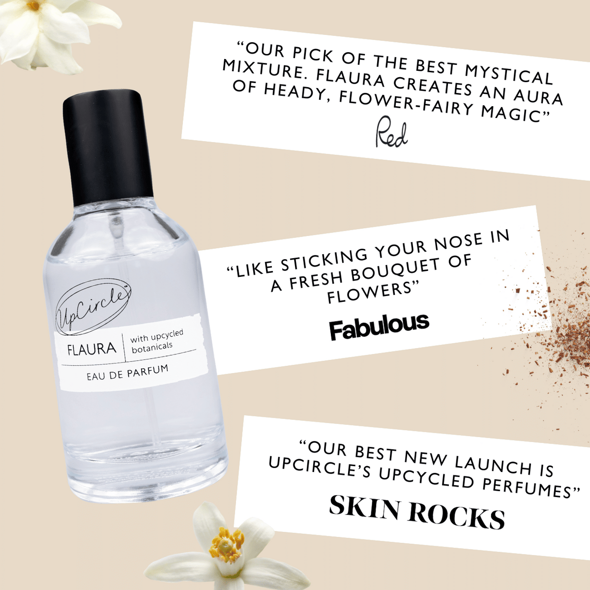 UpCircle Flaura Eau de Parfum bottle with black cap and label Flaura upcycled botanicals on Tampa Home & Garden Store