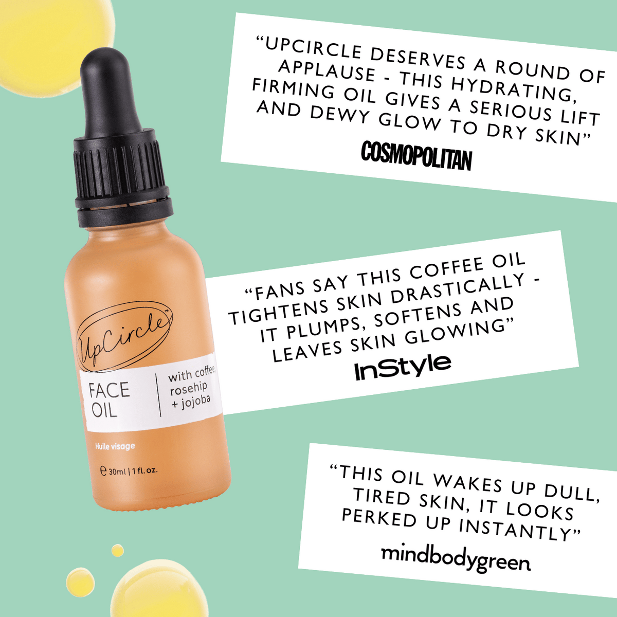 Face oil UpCircle Caffeinated Duo with coffee oil blend rosehip + jojoba in dropper bottle on Tampa Home & Garden Store