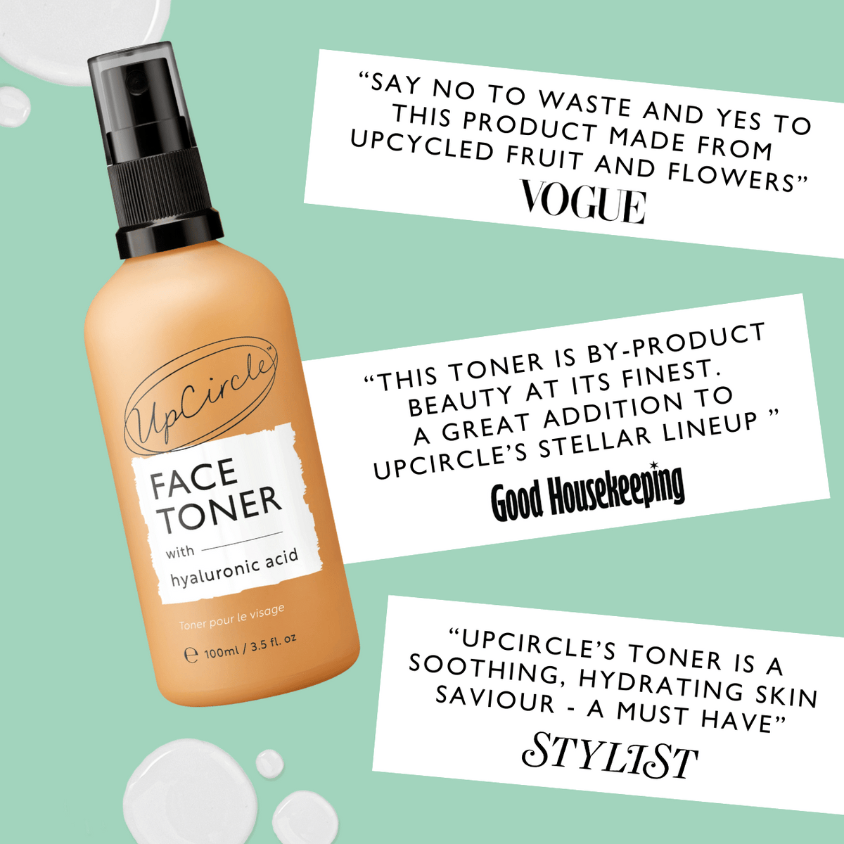 Face Toner with Hyaluronic Acid by UpCircle; peach plastic bottle with black spray cap on Tampa Home & Garden Store