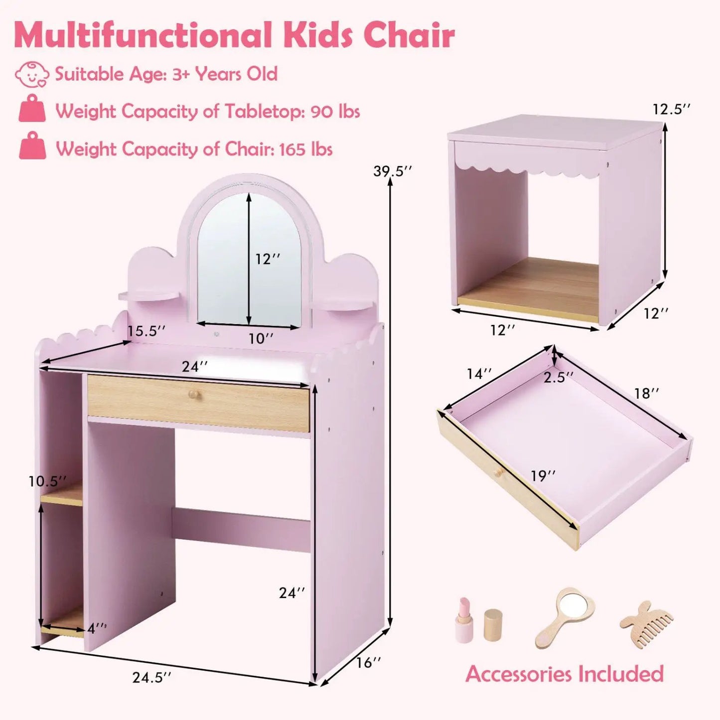 Kids Vanity Table Set with LED Mirror and Stool - Pink