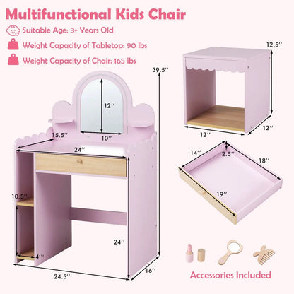 Kids Vanity Table Set with LED Mirror and Stool - Pink