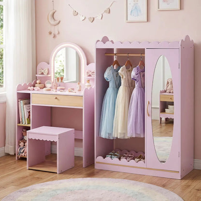 Kids Vanity Table Set with LED Mirror and Stool - Pink