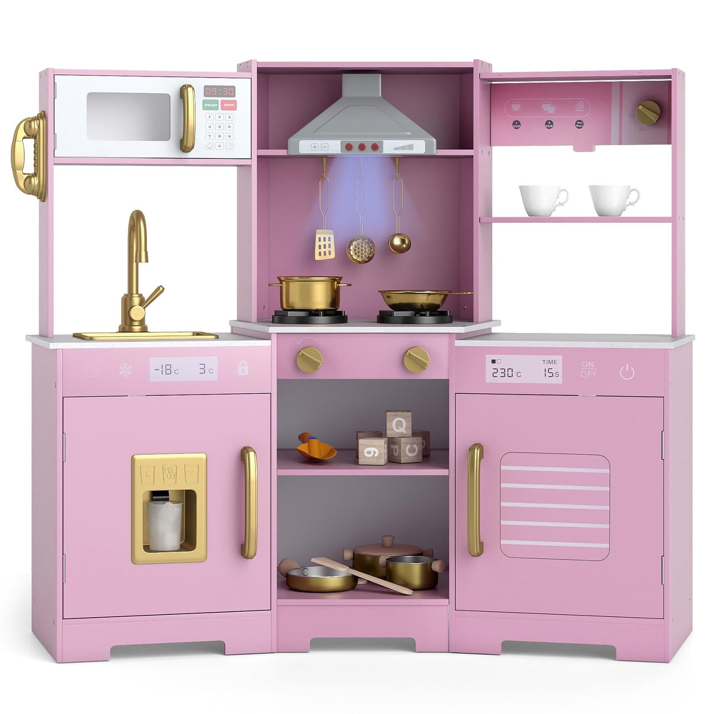 Pretend Play Kitchen Wooden Toy Set with Range Hood Real Sounds and Lights-Brown