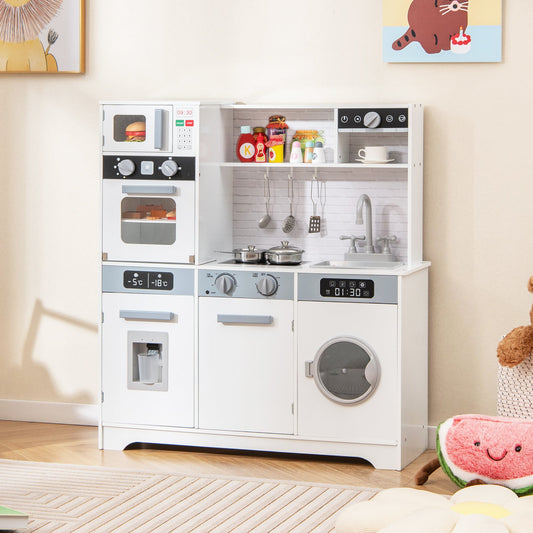 Pretend Play Kitchen Wooden Toy Set Kitchen Accessory Playset with Real Lights Sounds-White - Tampa Home & Garden Store