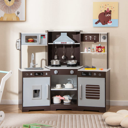 Pretend Play Kitchen Wooden Toy Set with Range Hood Real Sounds and Lights-Brown - Tampa Home & Garden Store