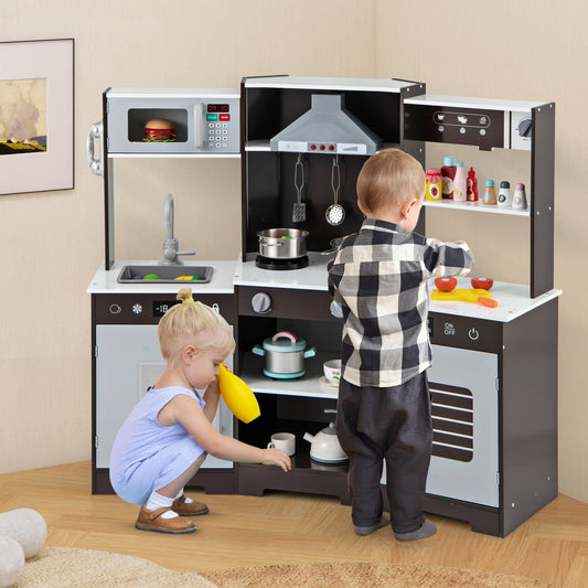 Pretend Play Kitchen Wooden Toy Set with Range Hood Real Sounds and Lights-Brown - Tampa Home & Garden Store