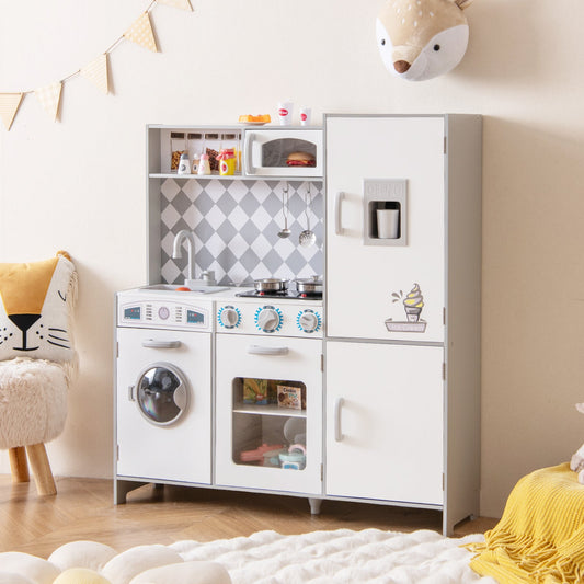Pretend Play Kitchen for Kids Aged 3+ with Real Sounds and Lights-White - Tampa Home & Garden Store