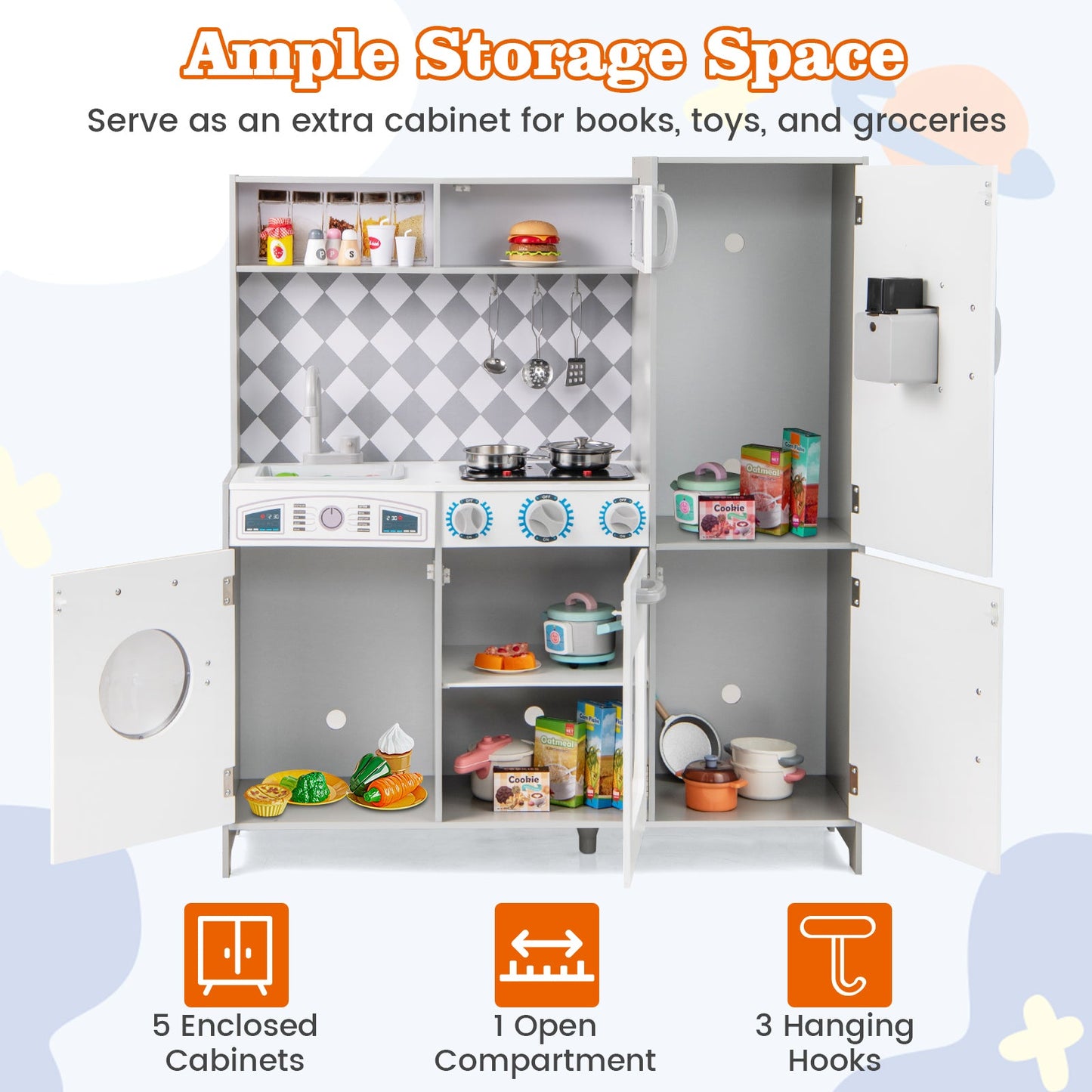 Pretend Play Kitchen for Kids Aged 3+ with Real Sounds and Lights-White