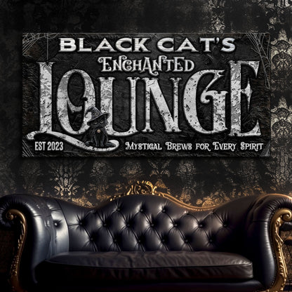 Black Cat's Enchanted Lounge canvas sign with witch-cat and lettering Tailored Canvases on Tampa Home & Garden Store