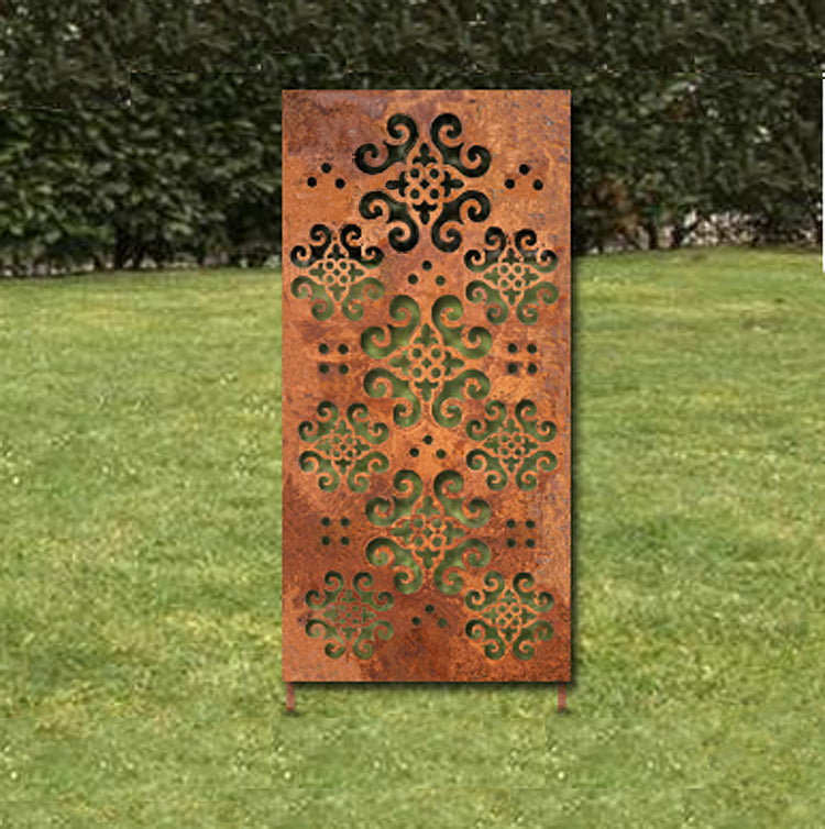 Outdoor privacy panels metal wall sculpture rust finish with ornate scrollwork 46 in tall on Tampa Home & Garden Store