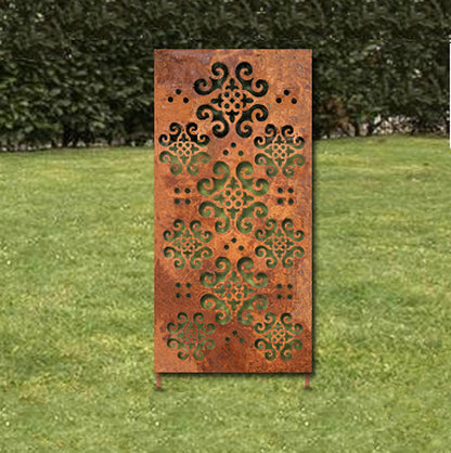 Outdoor privacy panels metal wall sculpture rust finish with ornate scrollwork 46 in tall on Tampa Home & Garden Store