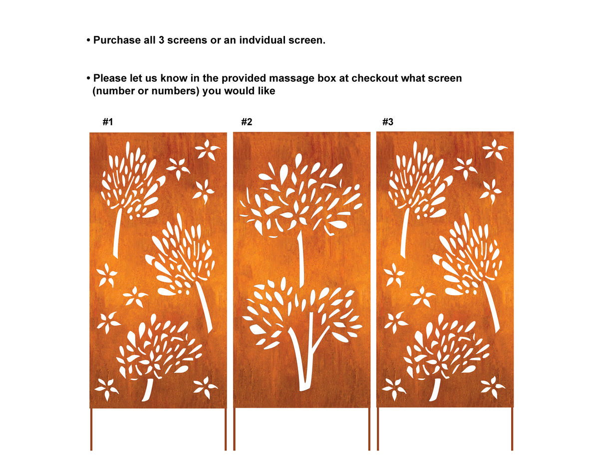 3-panel outdoor privacy screens, Rustica Ornamentals, tree silhouettes on orange woodgrain on Tampa Home & Garden Store