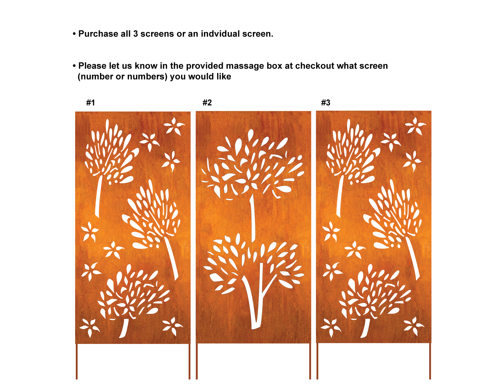 3-panel outdoor privacy screens, Rustica Ornamentals, tree silhouettes on orange woodgrain on Tampa Home & Garden Store