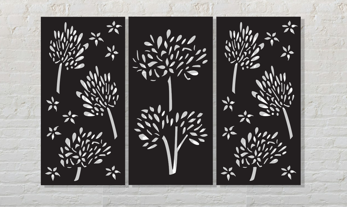 Privacy screens outdoor metal wall art triptych with white trees Rustica Ornamentals on Tampa Home & Garden Store