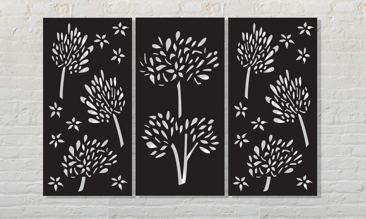 Privacy screens outdoor metal wall art triptych with white trees Rustica Ornamentals on Tampa Home & Garden Store