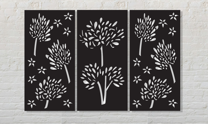 Privacy screens outdoor metal wall art triptych with white trees Rustica Ornamentals on Tampa Home & Garden Store
